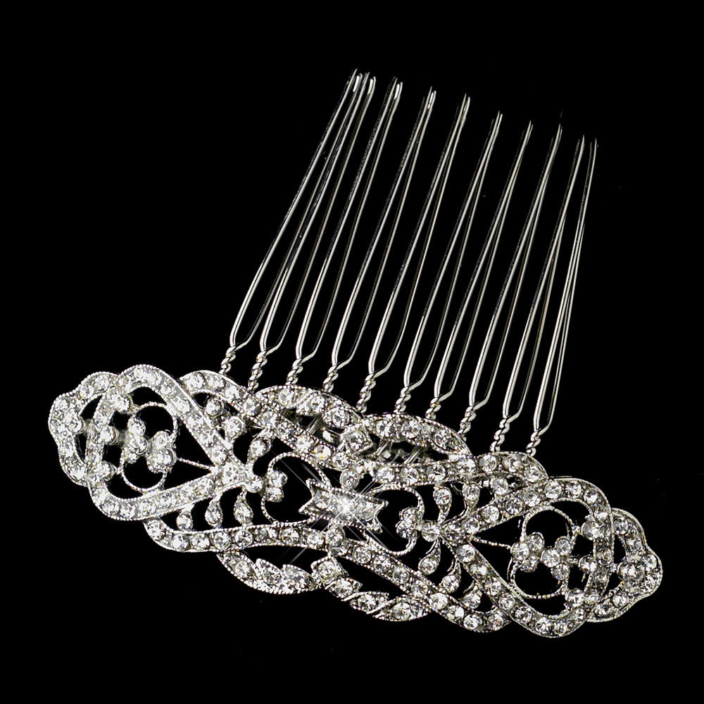 Antique Silver Rhodium Clear Rhinestone Comb 653