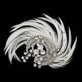 Antique Silver Rhodium Crystal & Ivory Feather Fascinator Clip 9938