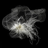 Feather Fascinator Flower with Crystal & Rhinestone Detailing & Russian Birdcage Blusher Veil White 3219