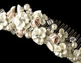 White Porcelain or Rum Pink Flower Bridal Comb 4087