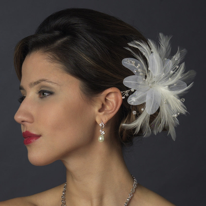 Feather Pearl & Austrian Crystal Flower Bridal Hair Clip 2581 with Brooch Pin