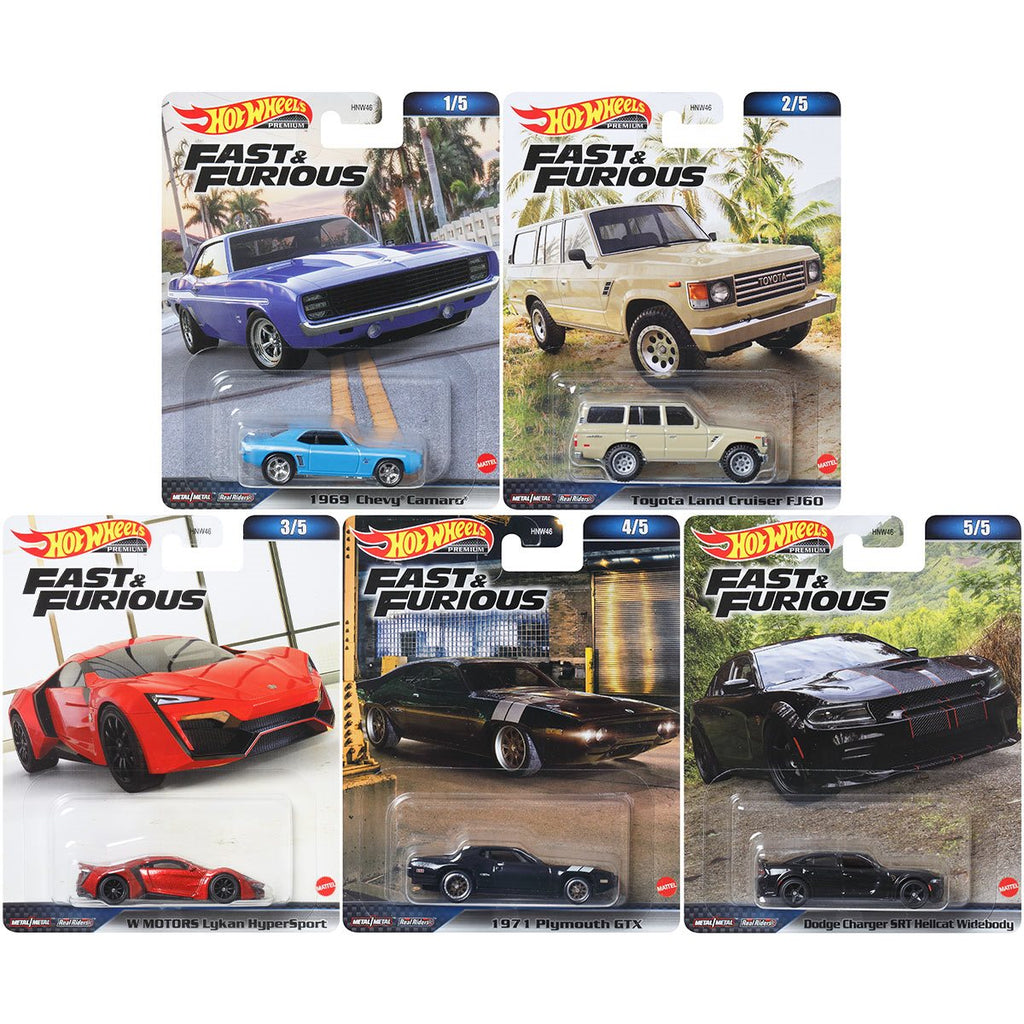 Super Bundle of 5 |Hot Wheels Fast and Furious 1:64 - (1969 Chevy Camaro, Lykan HyperSport, Dodge Charger, Land Cruiser & Plymouth GTX)