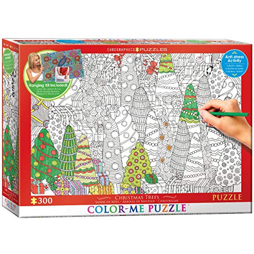 Bundle of 2 |EuroGraphics Christmas Trees Color Me Puzzle (300-Piece) + Smart Puzzle Glue Sheets