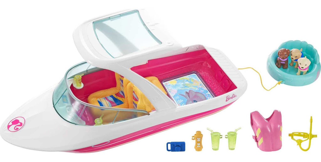Barbie Dolphin Magic Ocean View Boat with "Glass Bottom," 3 Puppies, Floating Raft and Accessories