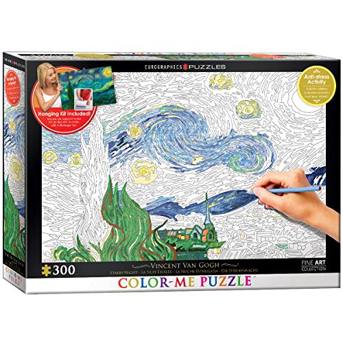 Bundle of 2 |EuroGraphics Starry Night by Vincent Van Gogh Color Me Puzzle (300-Piece) + Smart Puzzle Glue Sheets