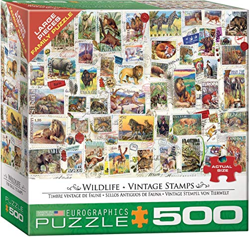 Bundle of 2 |EuroGraphics (EURHR Wildlife Vintage Stamps 500-Piece Puzzle + Smart Puzzle Glue Sheets