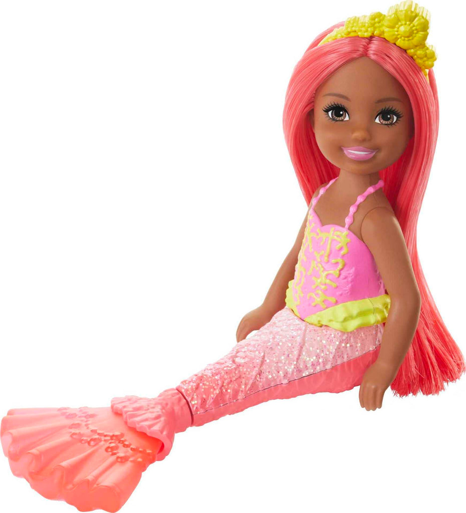 Barbie Dreamtopia Chelsea Mermaid Doll with Coral-Colored Hair & Tail, Tiara Accessory, Small Doll Bends At Waist