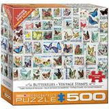 Bundle of 2 |Eurographics Butterflies Vintage Stamps 500-Piece Puzzle + Smart Puzzle Glue Sheets