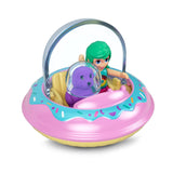 Polly Pocket Collectible Micro Mini Metal Vehicle, Poseable Doll and Pet Set - Polly's Friend Doll with Donut Theme UFO and Purple Puppy (with Space Helmet) Sidekick Playset