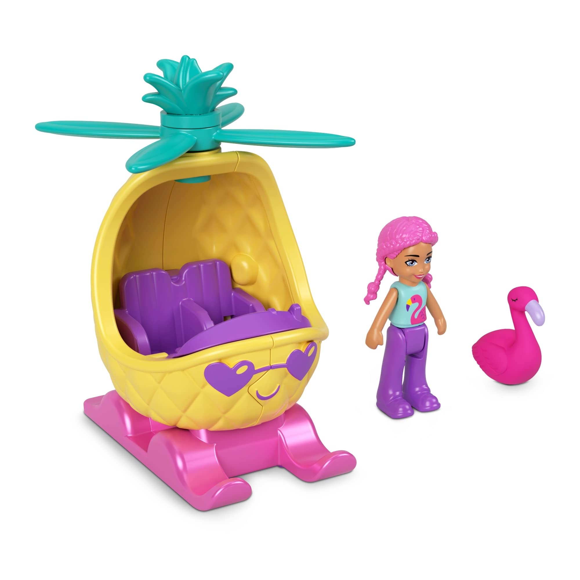 Polly Pocket Collectible Micro Mini Metal Vehicle, Poseable Doll and Pet Set - Polly's Friend Doll with Pineapple Helicopter and Hot Pink Flamingo Sidekick Playset