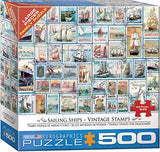Bundle of 2 |Eurographics Sailing Ships Vintage Stamps 500-Piece Puzzle + Smart Puzzle Glue Sheets