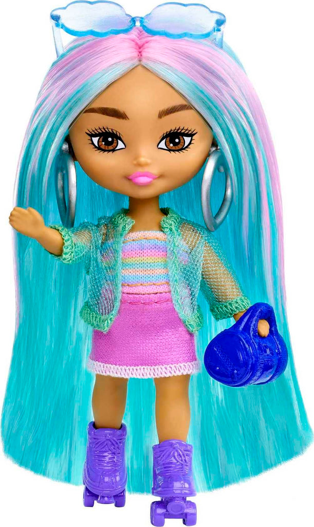 Barbie Doll, Mini Toys, Barbie Extra Mini Minis Doll with Blue Hair, Sporty Outfit and Roller Skates, Clothes and Accessories