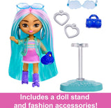 Bundle of 2 | Barbie Extra Mini Minis Doll - Blue Hair Sporty Outift Doll & Brunette Doll with Visor and Lightning Bolt Dress & Accessories