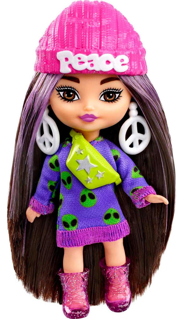 Barbie Doll, Barbie Extra Mini Minis Brunette Doll with Alien Sweater Dress, Peace Sign-Themed Clothes and Accessories