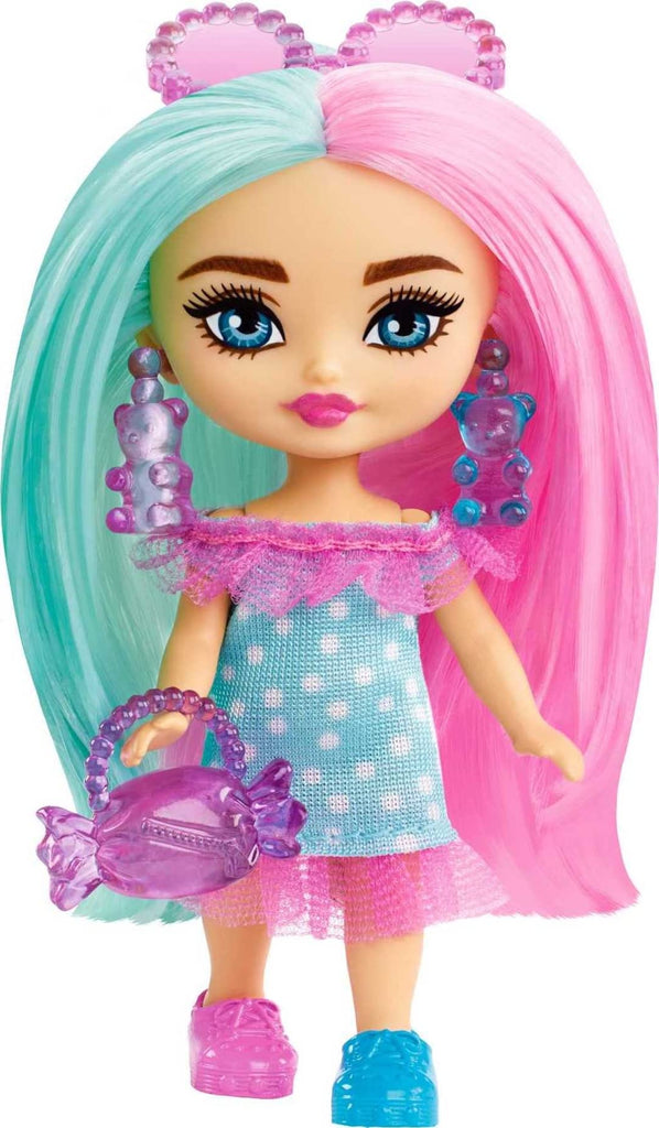 Barbie Doll, Barbie Extra Mini Minis Doll with Two-Tone Pink and Mint Hair, Candy-Themed Accessories, Polka-Dot Dress