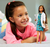 Barbie Pet Vet Brunette Doll with Career Pet-Print Dress, Medical Coat, Shoes and Kitty Patient for Ages 3 and Up , Multi