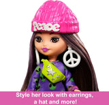 Barbie Doll, Barbie Extra Mini Minis Brunette Doll with Alien Sweater Dress, Peace Sign-Themed Clothes and Accessories