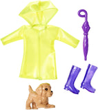 Barbie Club Chelsea Accessory Pack, Rainy Day-Themed Clothing and Accessories for Small Dolls, 4 Pieces for 3 to 7 Year Olds Include Raincoat, Umbrella and Puppy