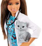 Barbie Pet Vet Brunette Doll with Career Pet-Print Dress, Medical Coat, Shoes and Kitty Patient for Ages 3 and Up , Multi