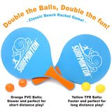 VIAHART Surfminton Classic Blue and Orange Beach Tennis Wooden Paddle Game Set (4 Balls, 2 Thick Water Resistant Wooden Rackets, 1 Reusable Mesh Bag)