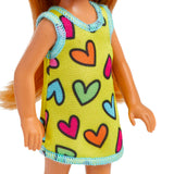 Barbie Chelsea Doll, Small Doll Wearing Removable Heart-Print Dress and Shoes, Brunette Hair & Brown Eyes