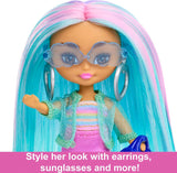 Barbie Doll, Mini Toys, Barbie Extra Mini Minis Doll with Blue Hair, Sporty Outfit and Roller Skates, Clothes and Accessories