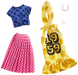 Barbie Clothes -2 Outfits for Barbie Doll Feature Polka Dots on a Yellow Hoodie Dress, a Blue Top and Pink Skirt, Plus 2 Accessories, Gift for 3 to 8 Year Olds