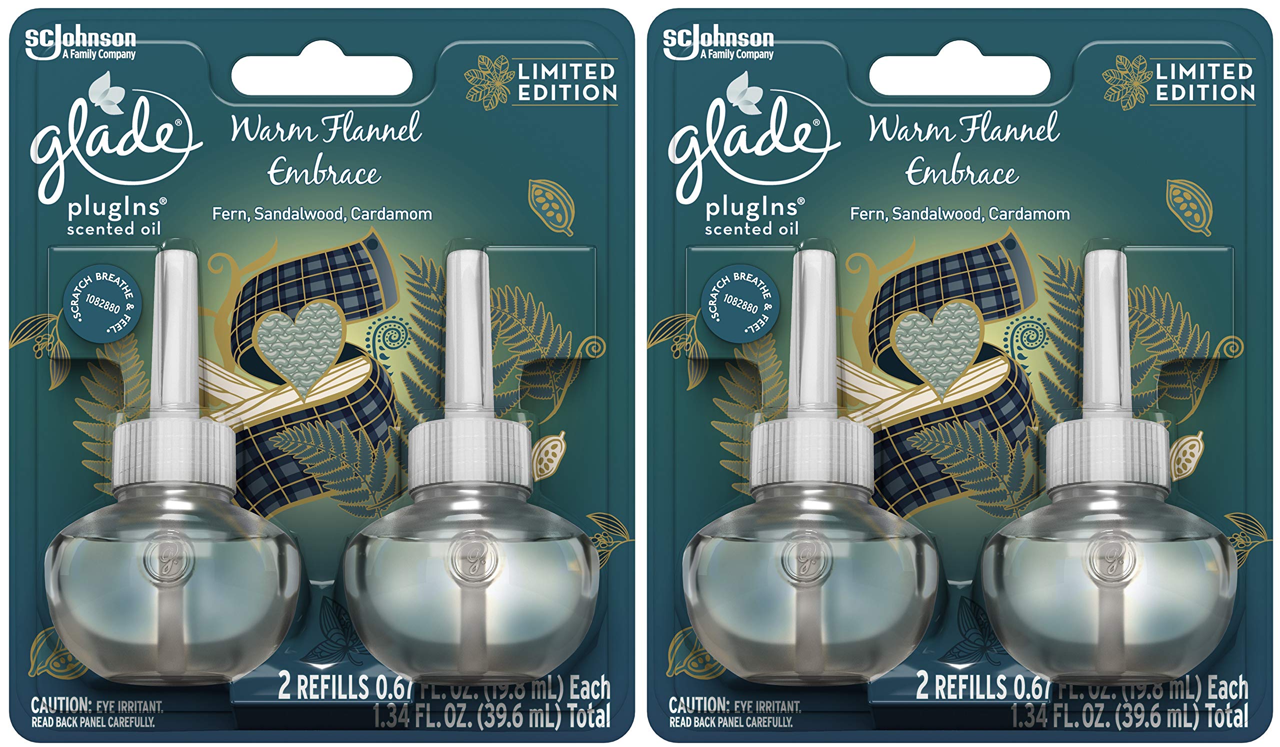 Glade Plugins Scented Oil Refills - Limited Edition - Warm Flannel Embrace - 2 Count Oils Per Package - Pack of 2 Packages