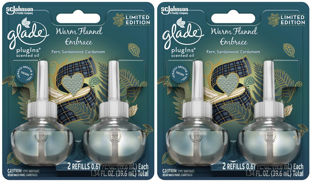 Glade Plugins Scented Oil Refills - Limited Edition - Warm Flannel Embrace - 2 Count Oils Per Package - Pack of 2 Packages