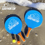 VIAHART Surfminton Classic Blue and Orange Beach Tennis Wooden Paddle Game Set (4 Balls, 2 Thick Water Resistant Wooden Rackets, 1 Reusable Mesh Bag)