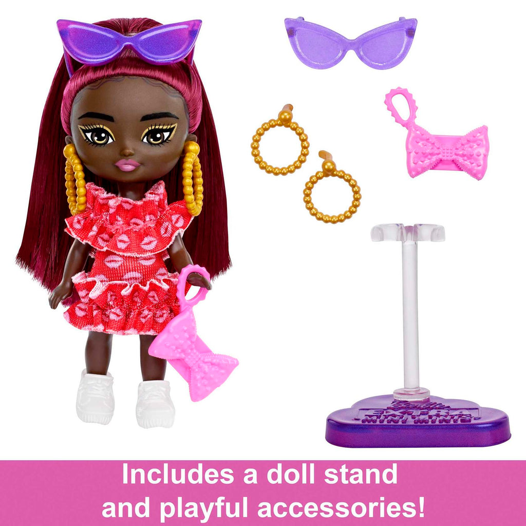 Barbie Doll, Barbie Extra Mini Minis Doll with Burgundy Hair and Sunglasses, Red Ruffle Dress, Clothes and Accessories