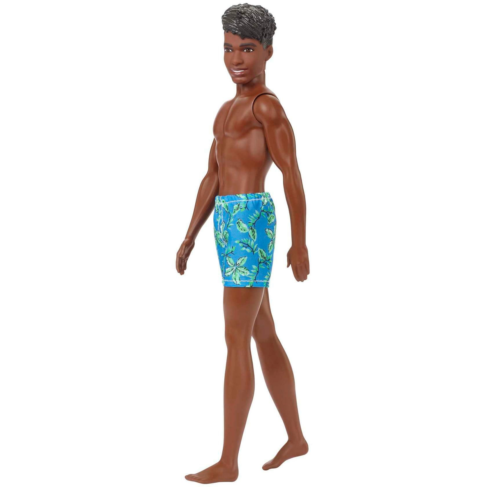 Barbie Ken Beach Doll with Black Hair Dressed in Blue Tropical Swim Trunks