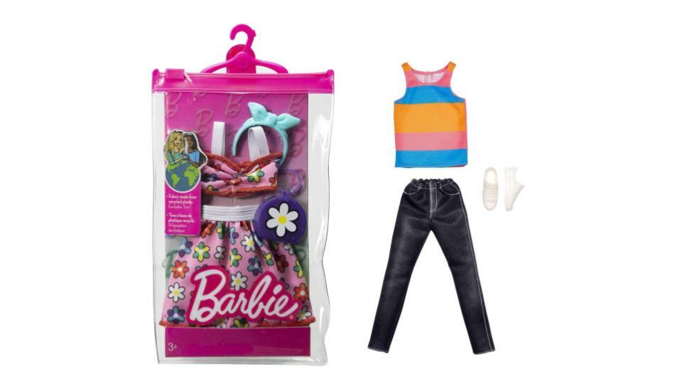 Bundle of 2 |Barbie Fashion Pack [Flower Outfit & Two Accessories & Ken Doll Clothes Set with Striped Tank, Black Denim Pants & Accessory]