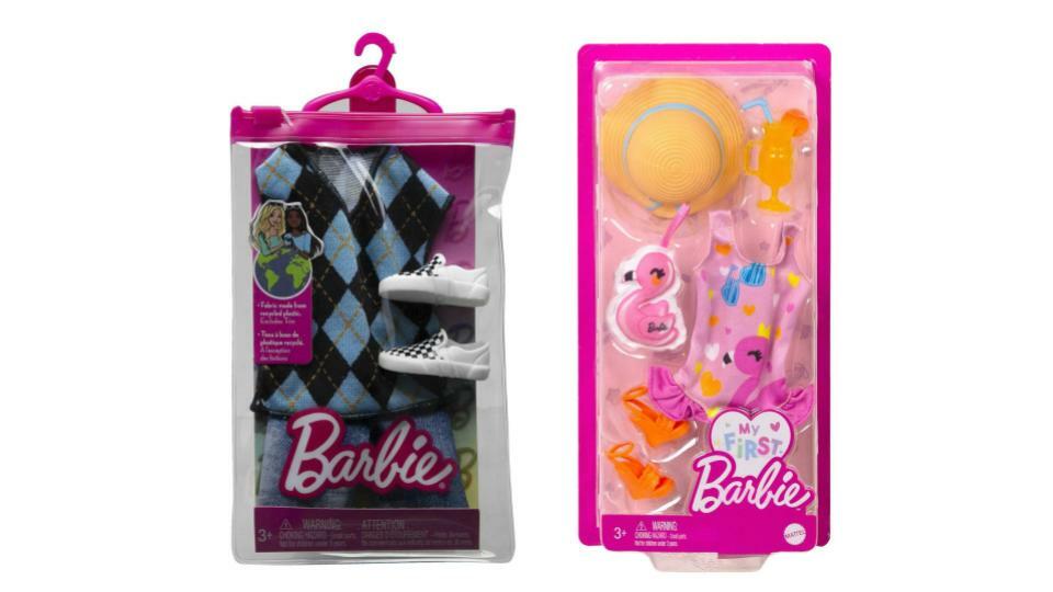 Bundle of 2 |Barbie Fashion Pack [Outfit for Ken Doll T-shirt, Shorts and Pair of Sneakers & Swimsuit & Flamingo with Beach Accessories]