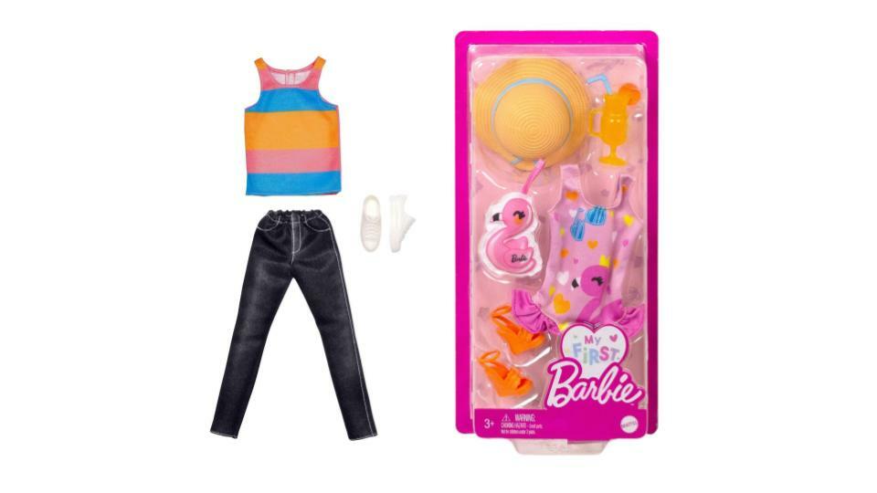 Bundle of 2 |Barbie Fashion Pack [Ken Doll Clothes Set with Striped Tank Black Denim Pants & Accessory & Swimsuit & Flamingo with Beach Accessories]