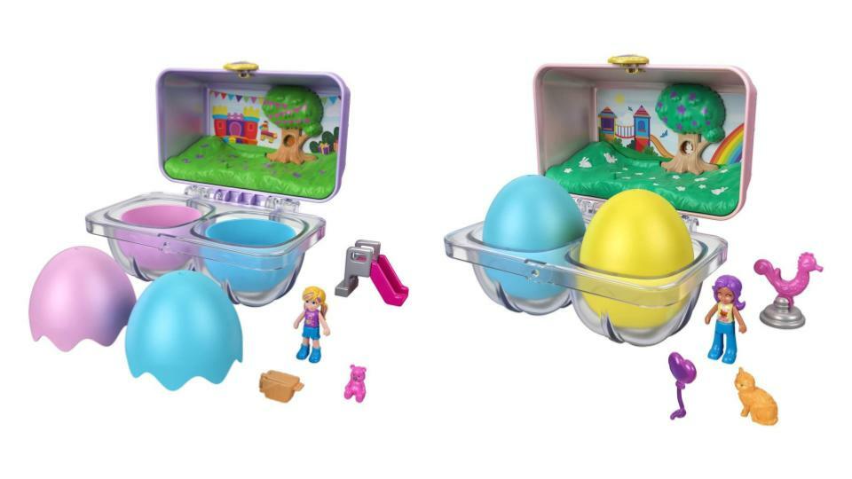 Bundle of 2 | PoIIy Pocket, Mystery Surprise Egg Carton |  Purple Birthday Party Bounce House &  Pink Rainbow Playground Theme