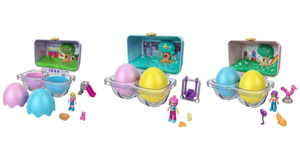 Bundle of 3 | PoIIy Pocket, Mystery Surprise Egg Carton | Purple Birthday Party Bounce House & Blue Nighttime Cityscape & Pink Rainbow Playground Theme