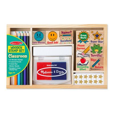 Melissa & Doug Wooden Classroom Stamp Set With 10 Stamps, 5 Colored Pencils, 4 Sticker Sheets, and 2-Colored Stamp Pad