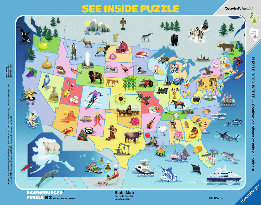 Ravensburger Children's Puzzles See-Inside Frame Puzzles - State Map (63 pc Puzzle) 6657