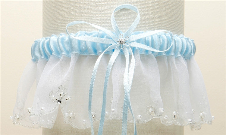 Mariell Organza Bridal Garters with Pearls and Chain Edging - White with Blue 1255G-BL-W
