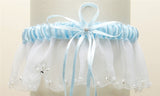 Mariell Organza Bridal Garters with Pearls and Chain Edging - White with Blue 1255G-BL-W