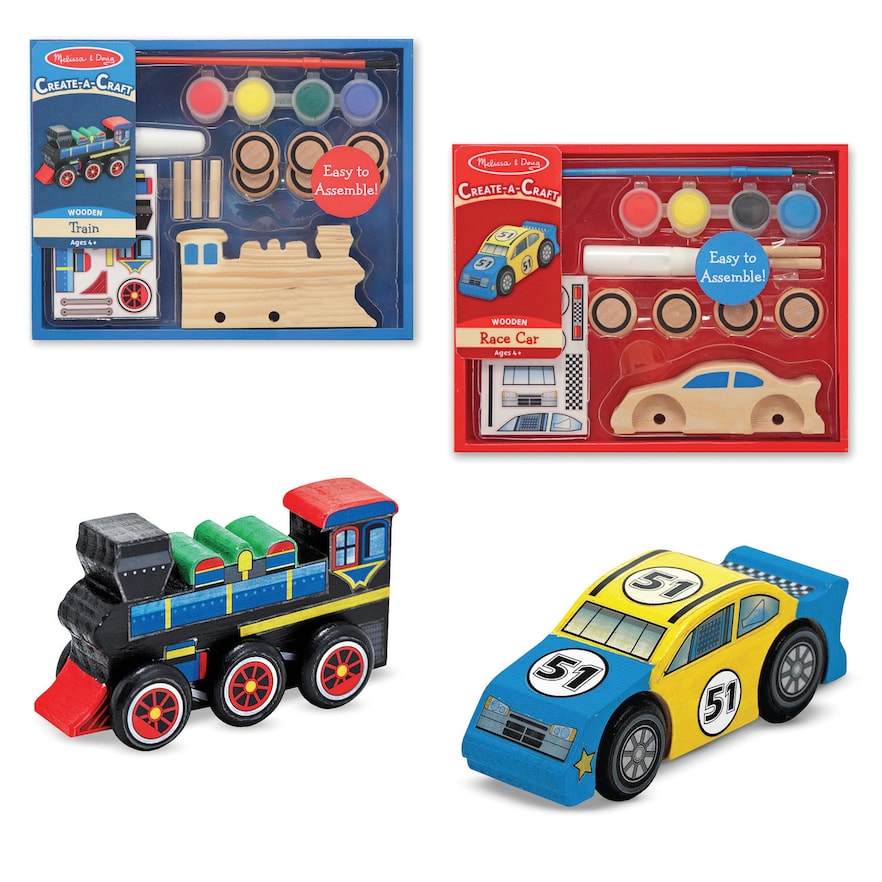 Melissa & Doug Decorate-Your-Own Wooden Train and Race Car Craft Kits, Set of 2