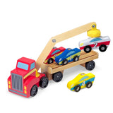 Melissa & Doug Magnetic Car Loader Wooden Toy Set With 4 Cars and 1 Semi-Trailer Truck