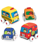 Melissa & Doug K's Kids Pull-Back Vehicle Set - Soft Baby Toy Set With 4 Cars and Trucks and Carrying Case