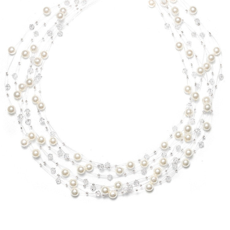Lavish 6-Row Pearl & Crystal Bridal Illusion Necklace - Ivory 2101N-I-CR-S
