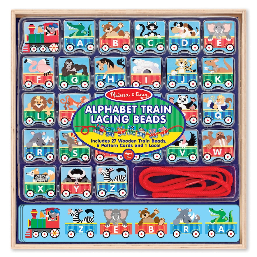 Melissa & Doug Alphabet Train Lacing Beads - 27 Wooden Train Beads, 6 Pattern Cards, and 1 Lace