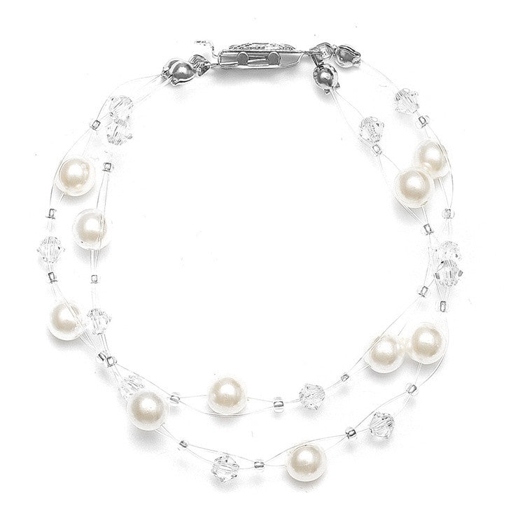 2-Row Pearl & Crystal Bridal Illusion Bracelet - Ivory/Clear 235B-I-CR-S