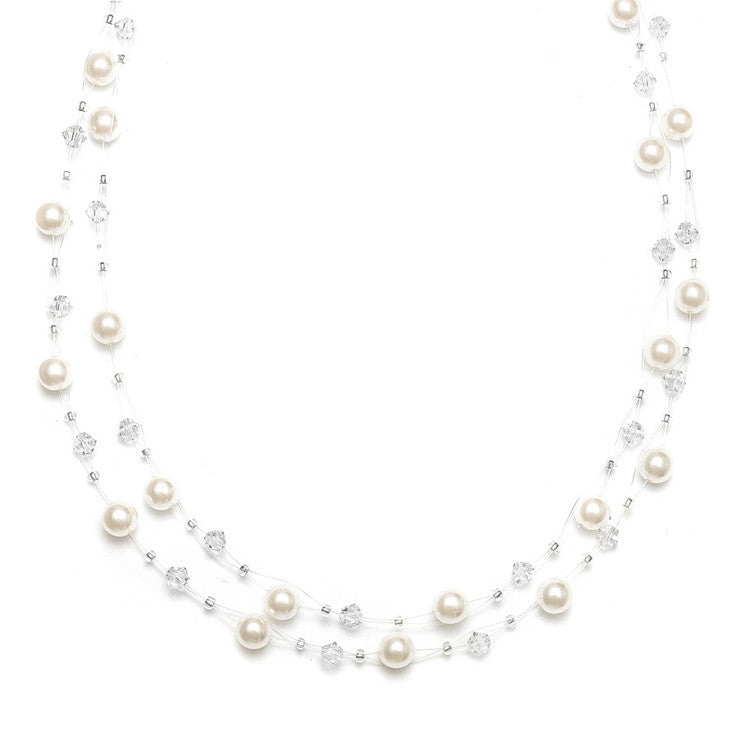 2-Row Pearl & Crystal Bridal Illusion Necklace - Ivory/Clear 235N-I-CR-S