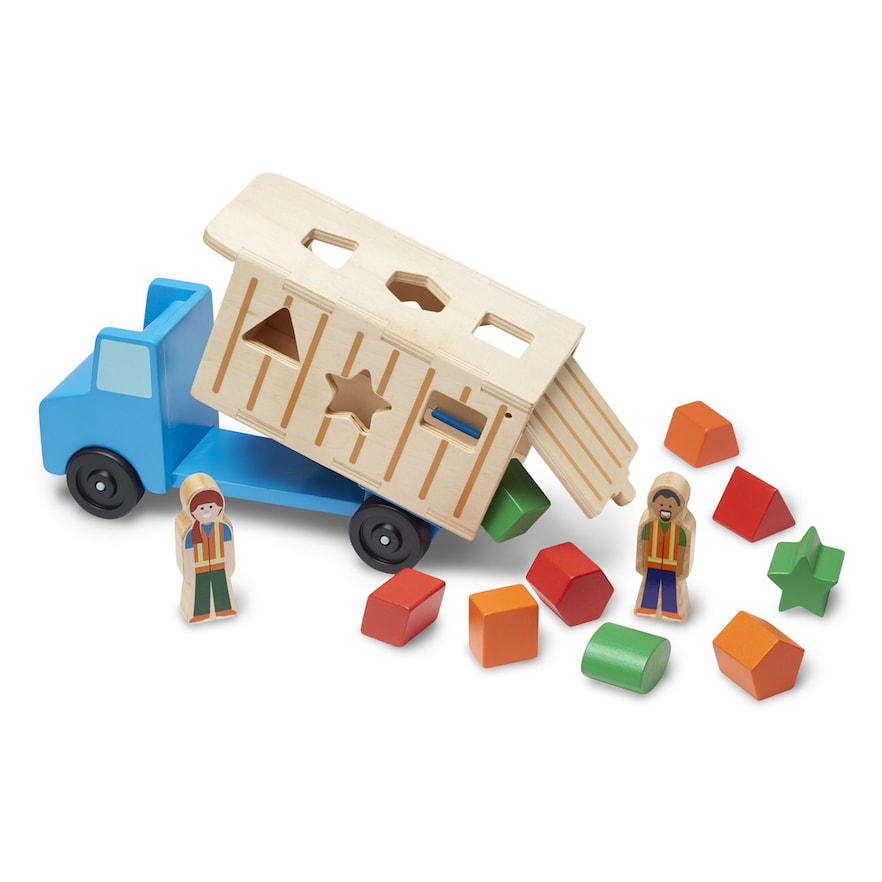 Melissa & Doug Shape-Sorting Wooden Dump Truck Toy With 9 Colorful Shapes and 2 Play Figures