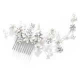 Mariell Pearl and Crystal Bridal Comb with Matte White Enamel Leaves 241H